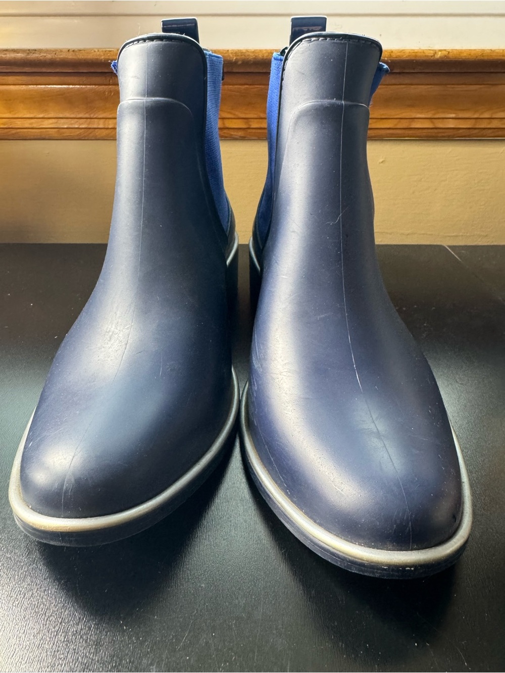 kate spade Navy Chelsea Rain Boots with Blue Elastic Panels